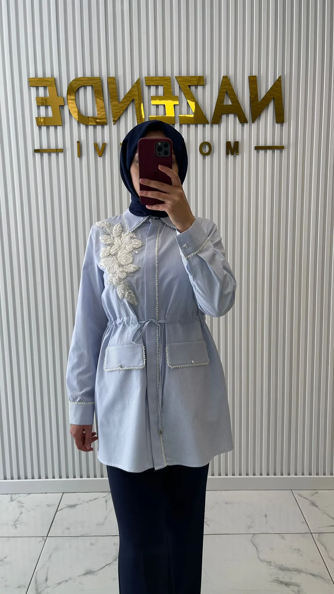 Selinada Tünel Bağcıklı Giyçık Çizgili Mavi - Beyaz 2