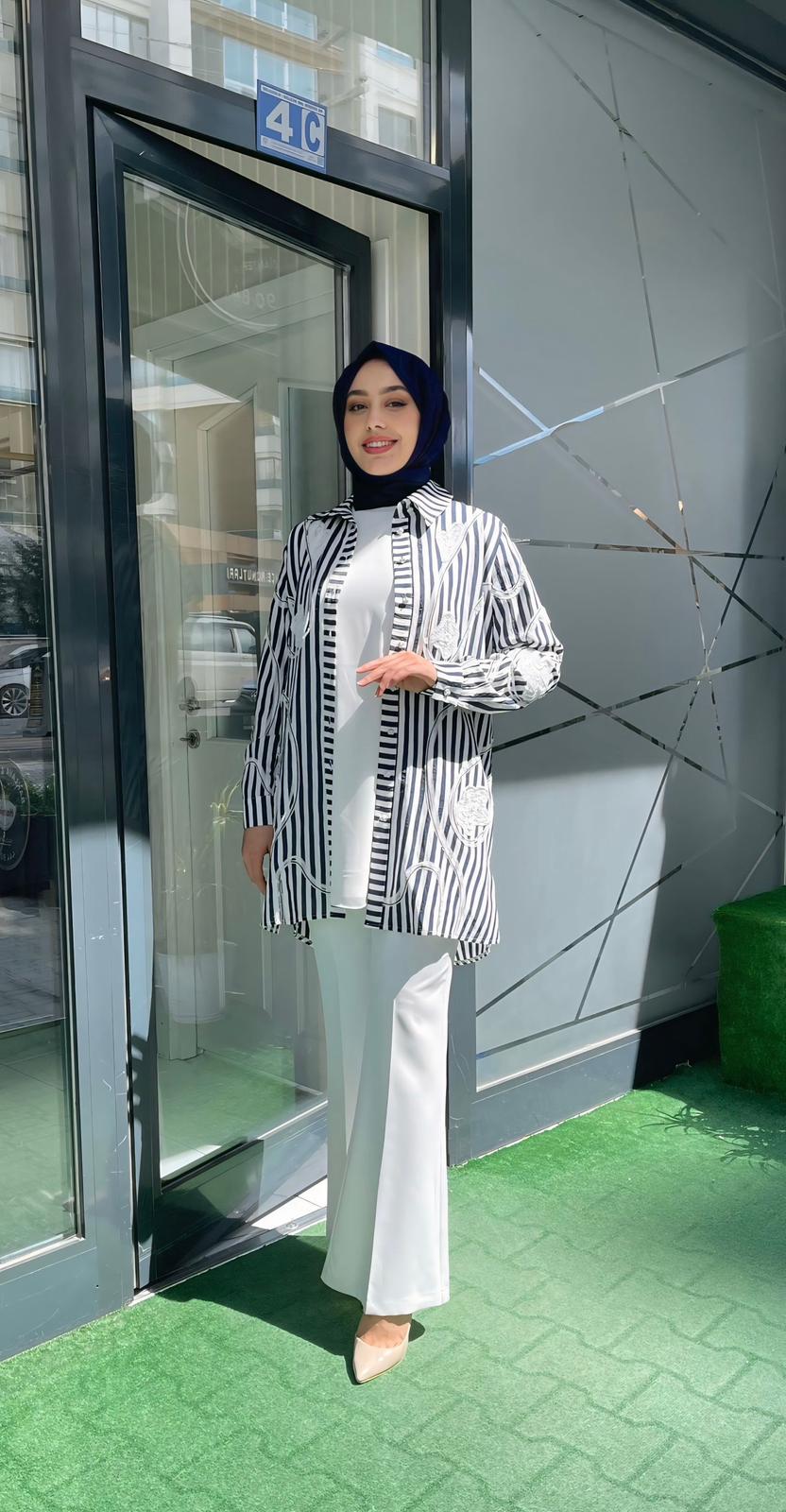 Pureva Gömlek Çizgili Lacivert - Beyaz