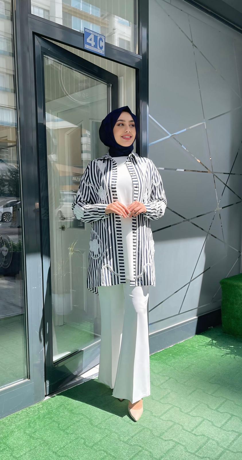 Pureva Gömlek Çizgili Lacivert - Beyaz 2