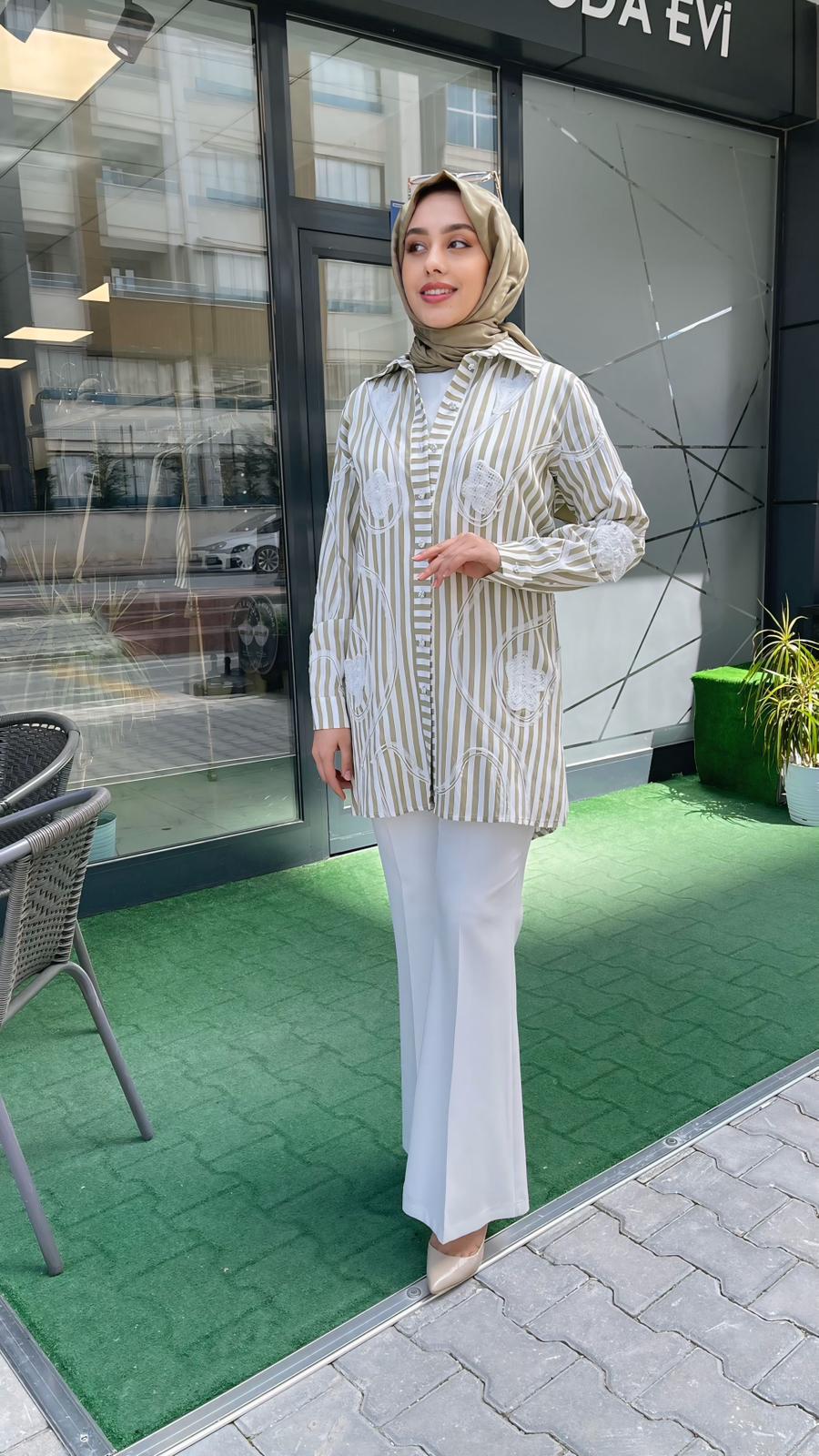 Pureva Gömlek Çizgili Yeşil - Beyaz