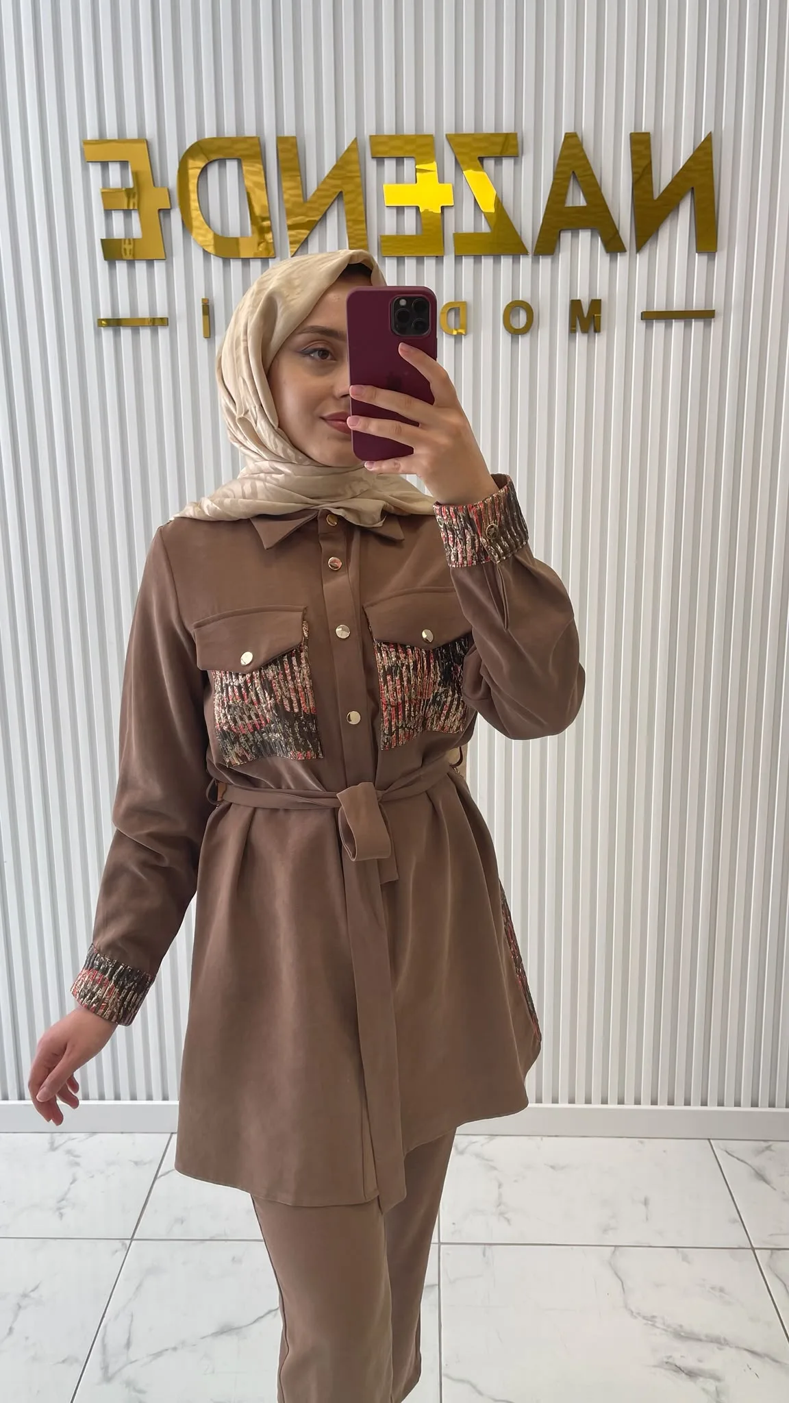 Selinada Kuşaklı İkili Takım Kahverengi 2
