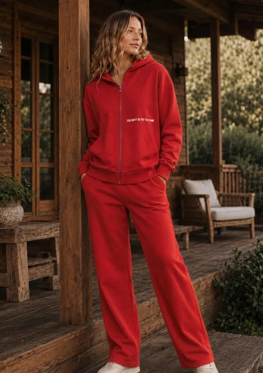 ZEYLAND 272Z5HMW180 Kadın Fermuarlı Kapşonlu Sweat Pantolon Takım Kırmızı