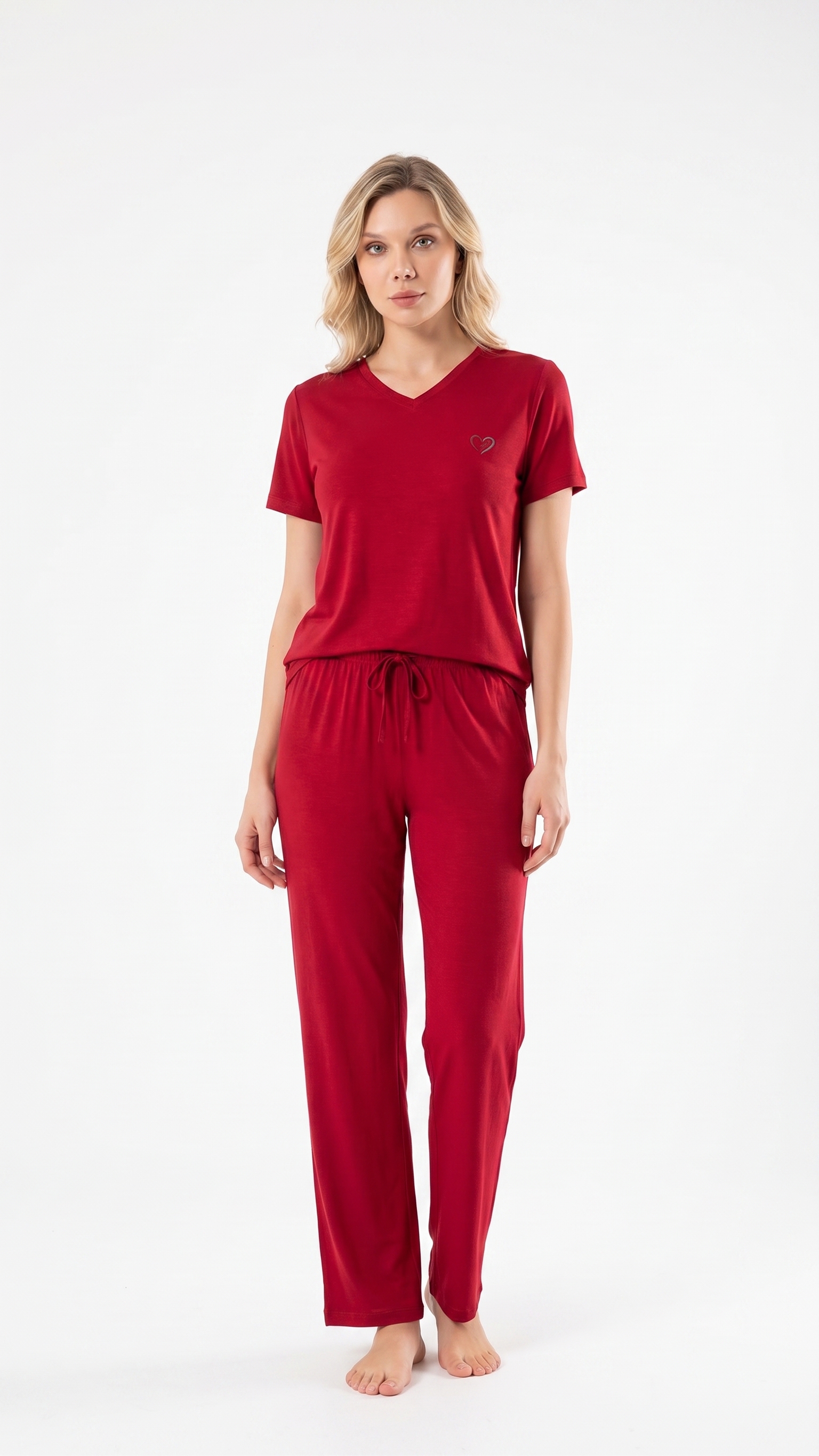 Limissi 26668 V Yaka Bayan Pijama Takımı Kırmızı