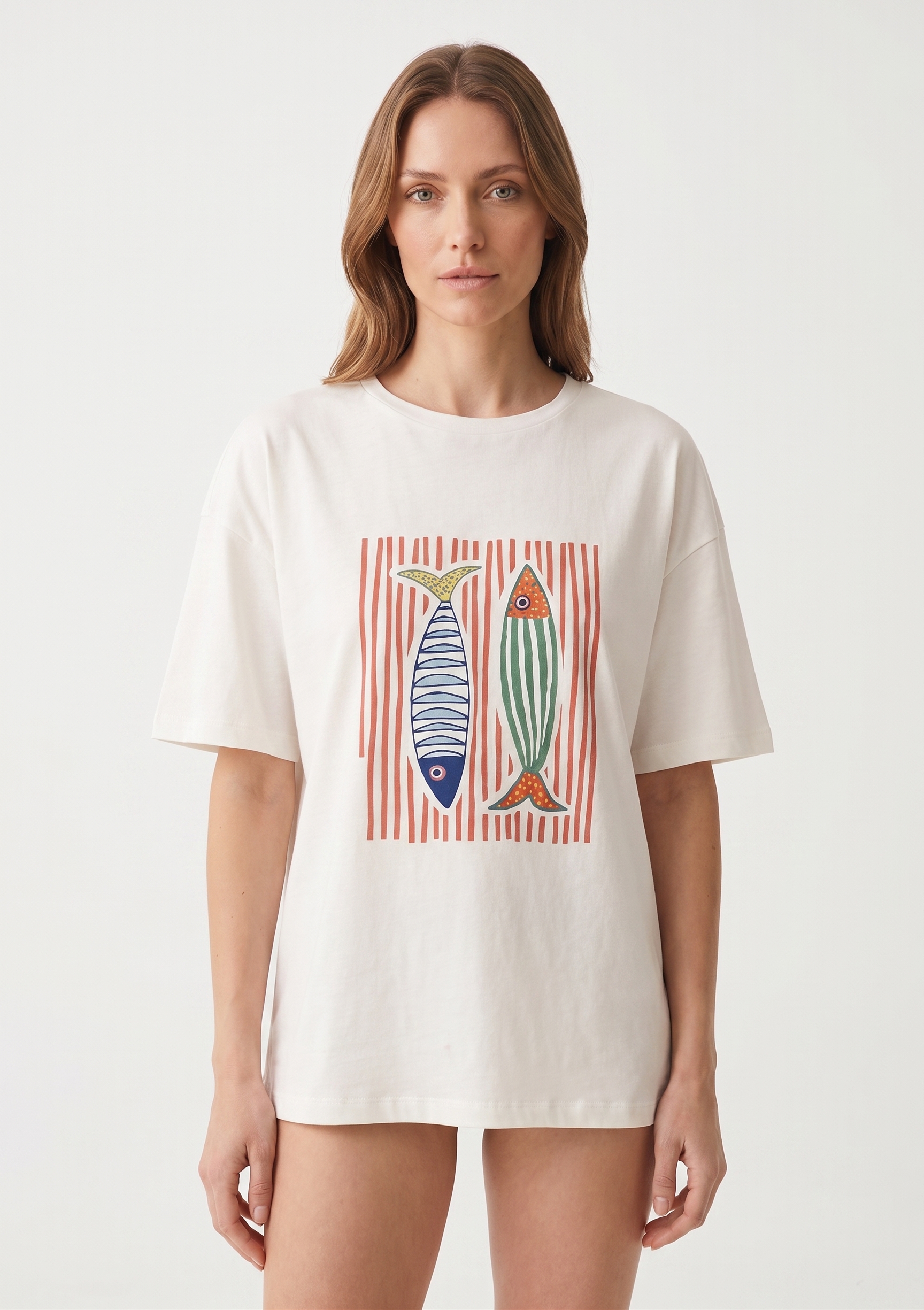 ZEYLAND Kadın Baskılı Oversize T - shirt Beyaz