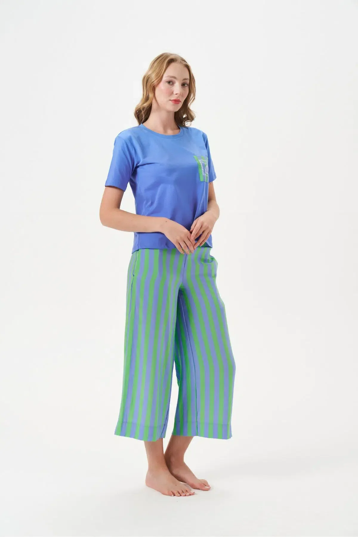 PJS Kadın Çizgili Kısa Kol Pijama Takım 29044 Yeşil 4