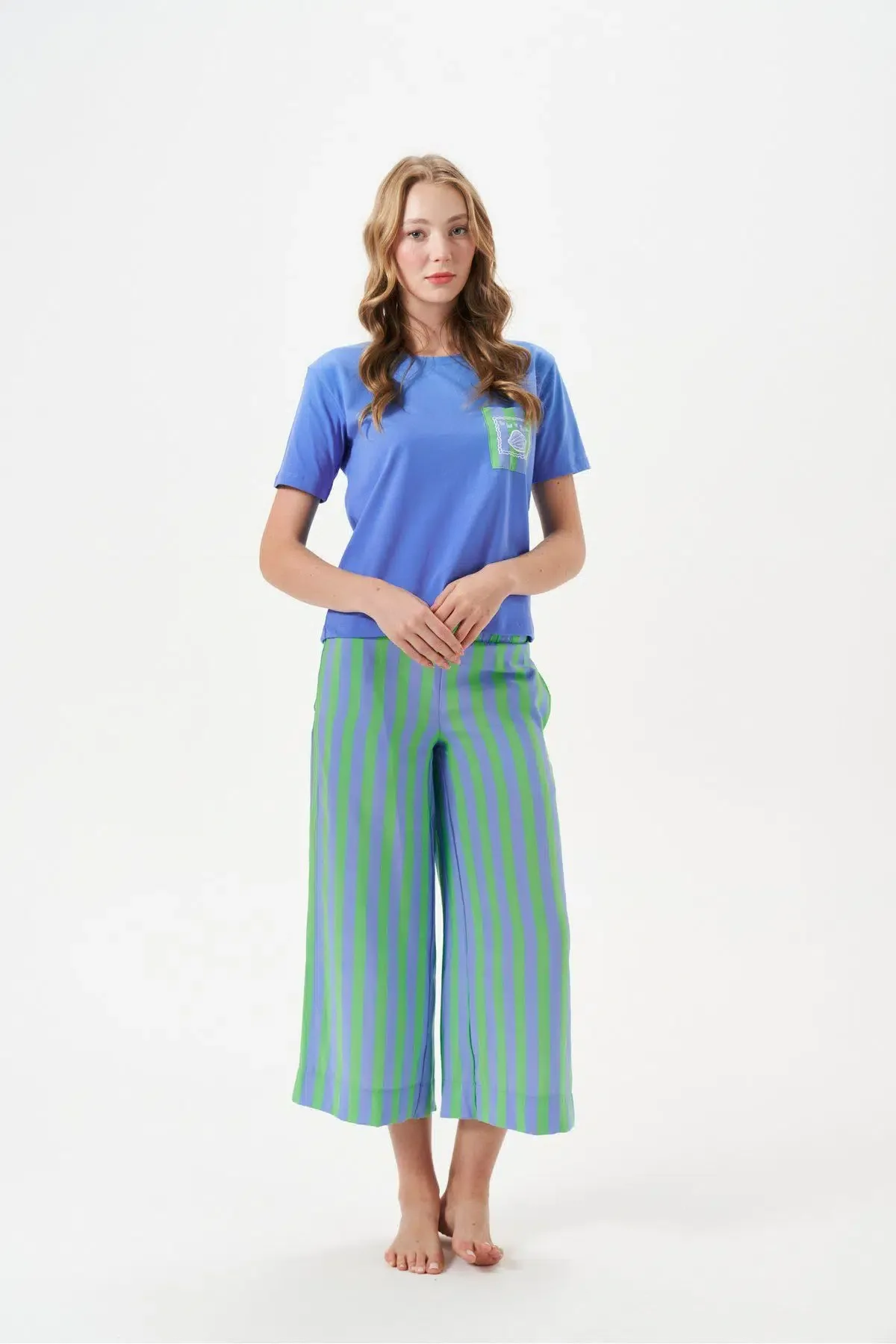 PJS Kadın Çizgili Kısa Kol Pijama Takım 29044 Yeşil 2