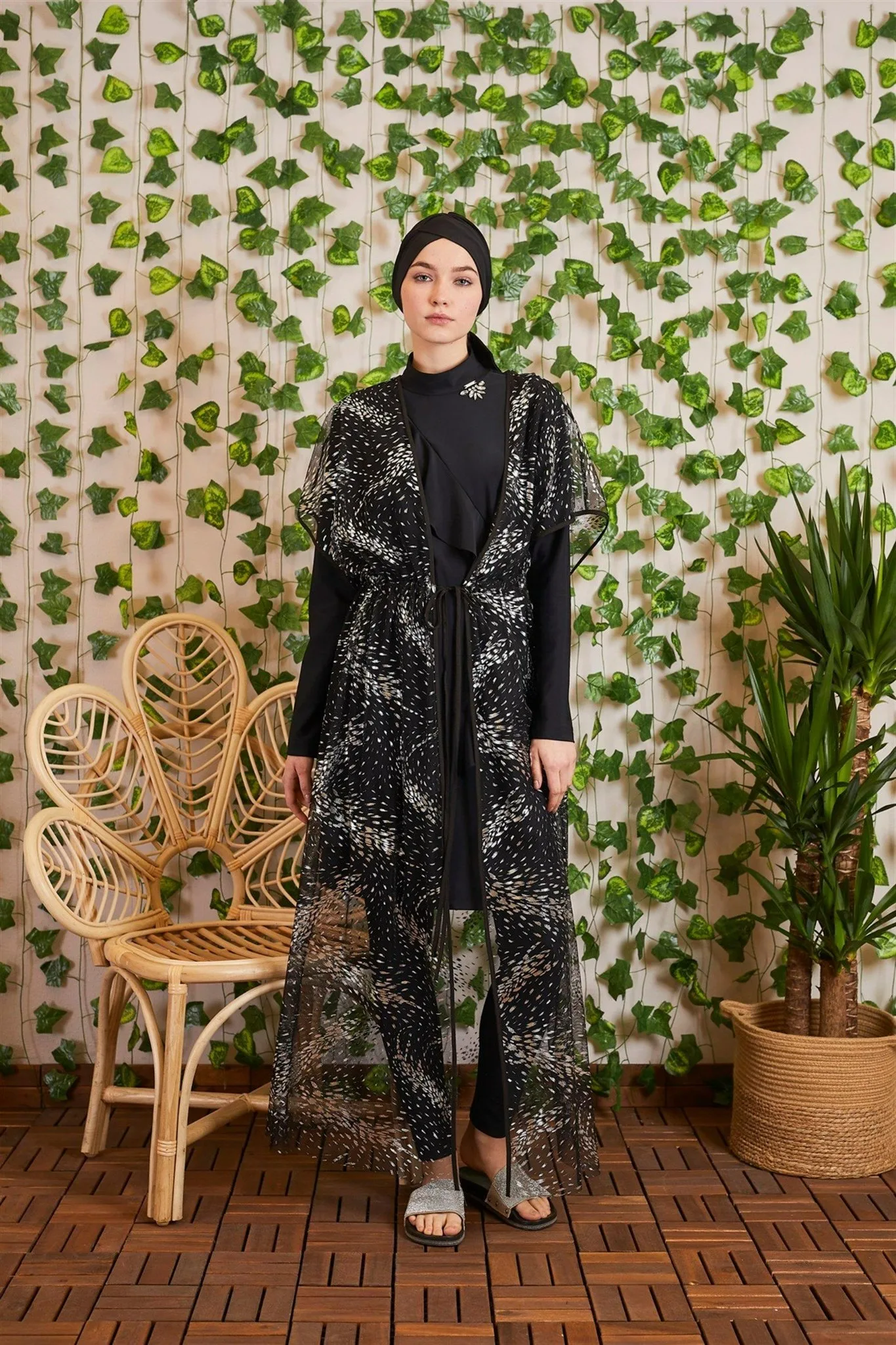 Moodbasic GÜMÜŞ BASKILI TÜL PAREO Siyah 4