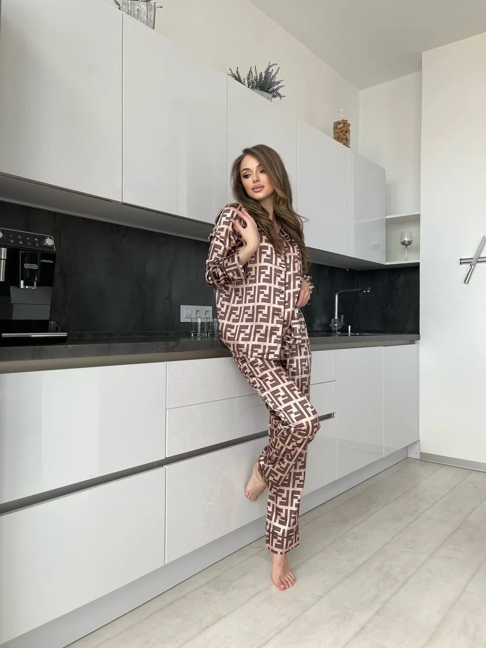 latte FN KAHVE DİJİTAL BASKILI UZUN İPEK SATEN Kahve