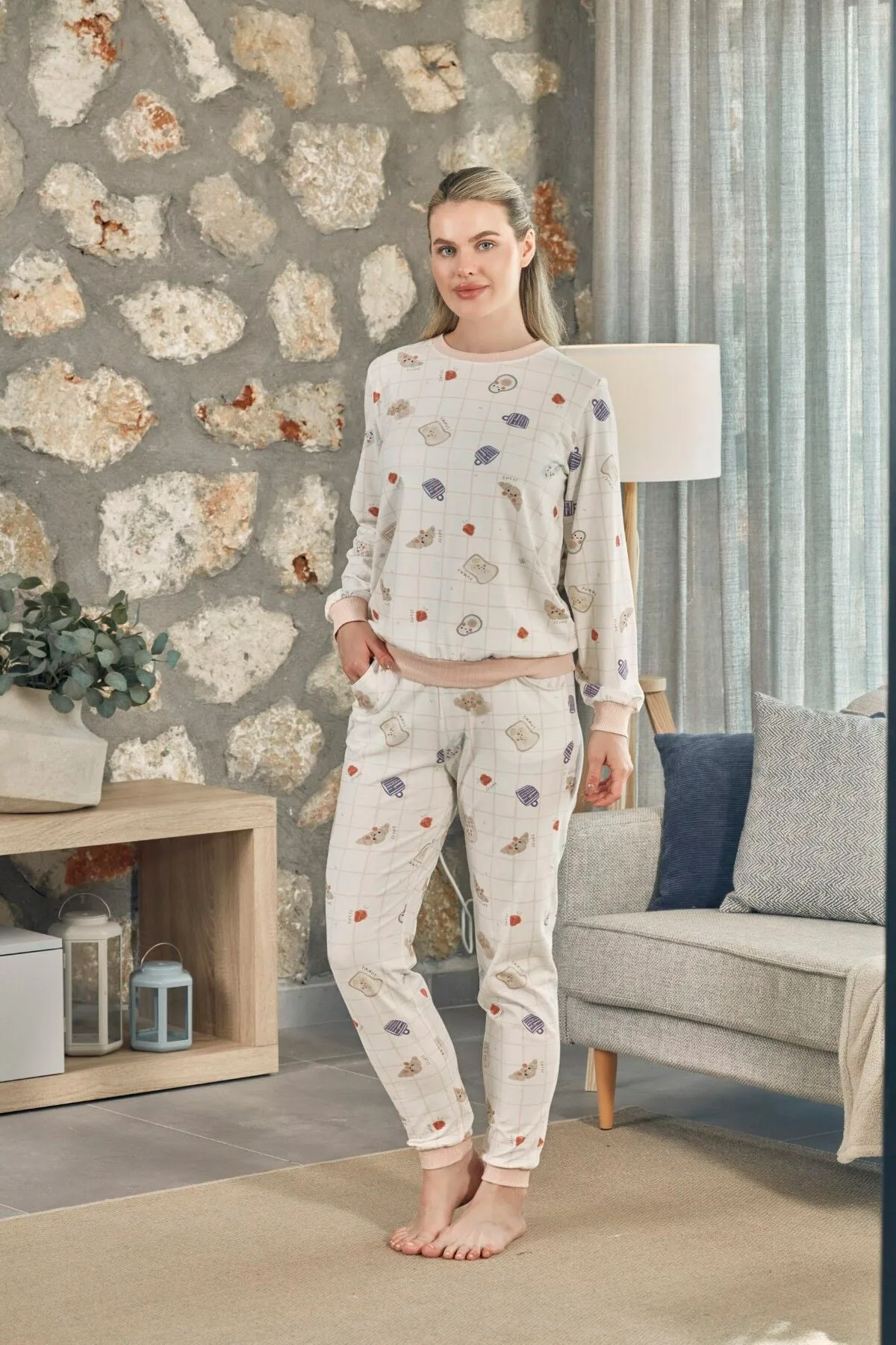Aqua Desenli Uzun Kol Kadın Pijama Takım 27014 Krem