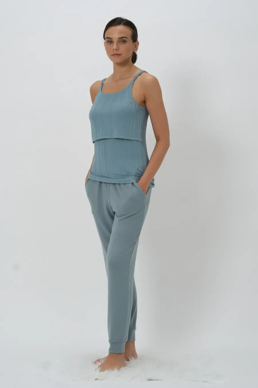 Kadın Askılı Emzirme Bluz Hamile Pijama Takımı Buz Mavisi 2