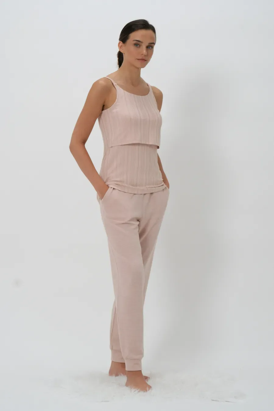 ZEYLAND Kadın Askılı Emzirme Bluz Hamile Pijama Takımı Pudra