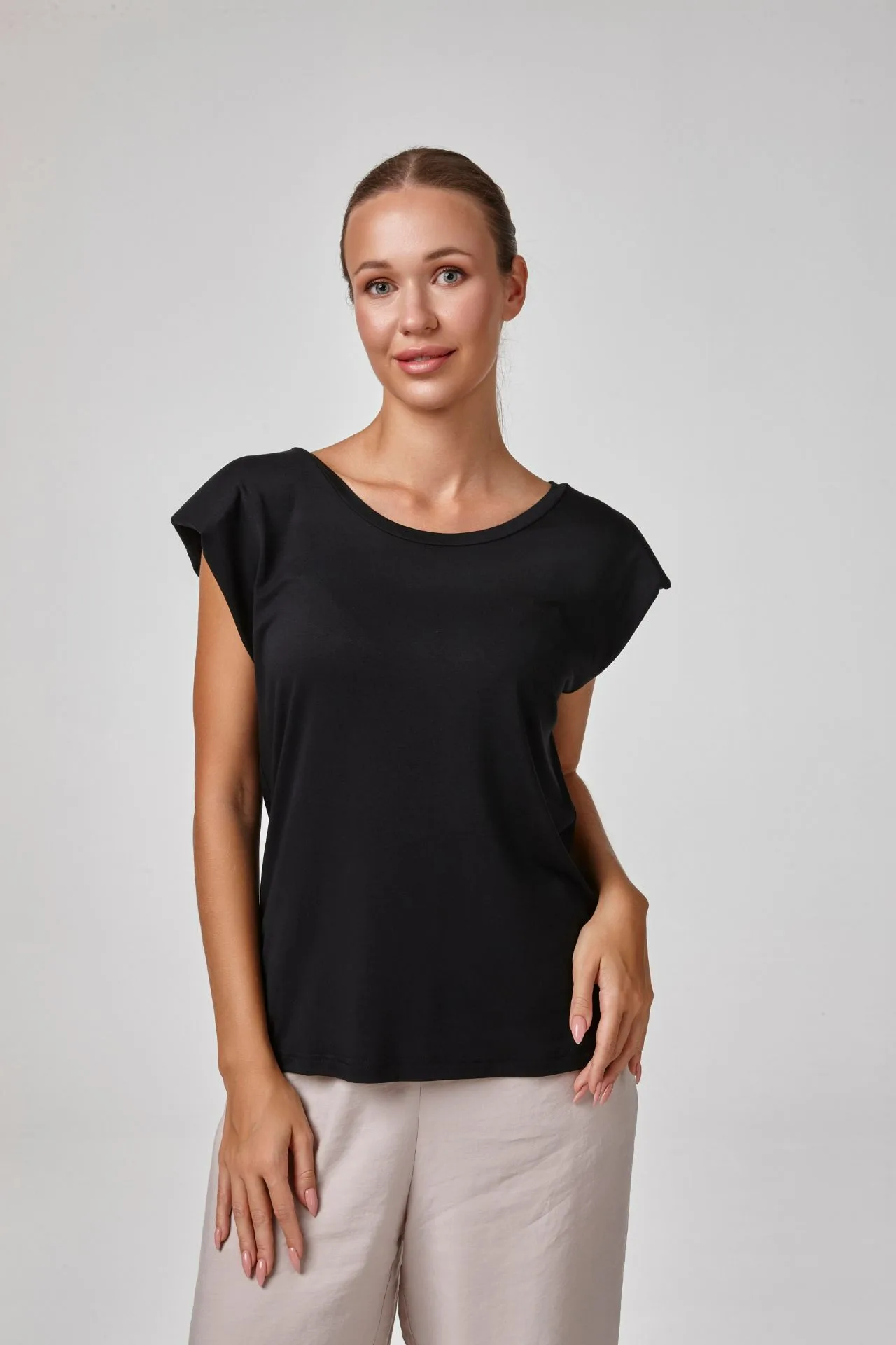 RELACTİVE P2542 KADIN VATKALI KAYIK YAKA DÜŞÜKKOLLU BLUZ T - SHIRT Siyah