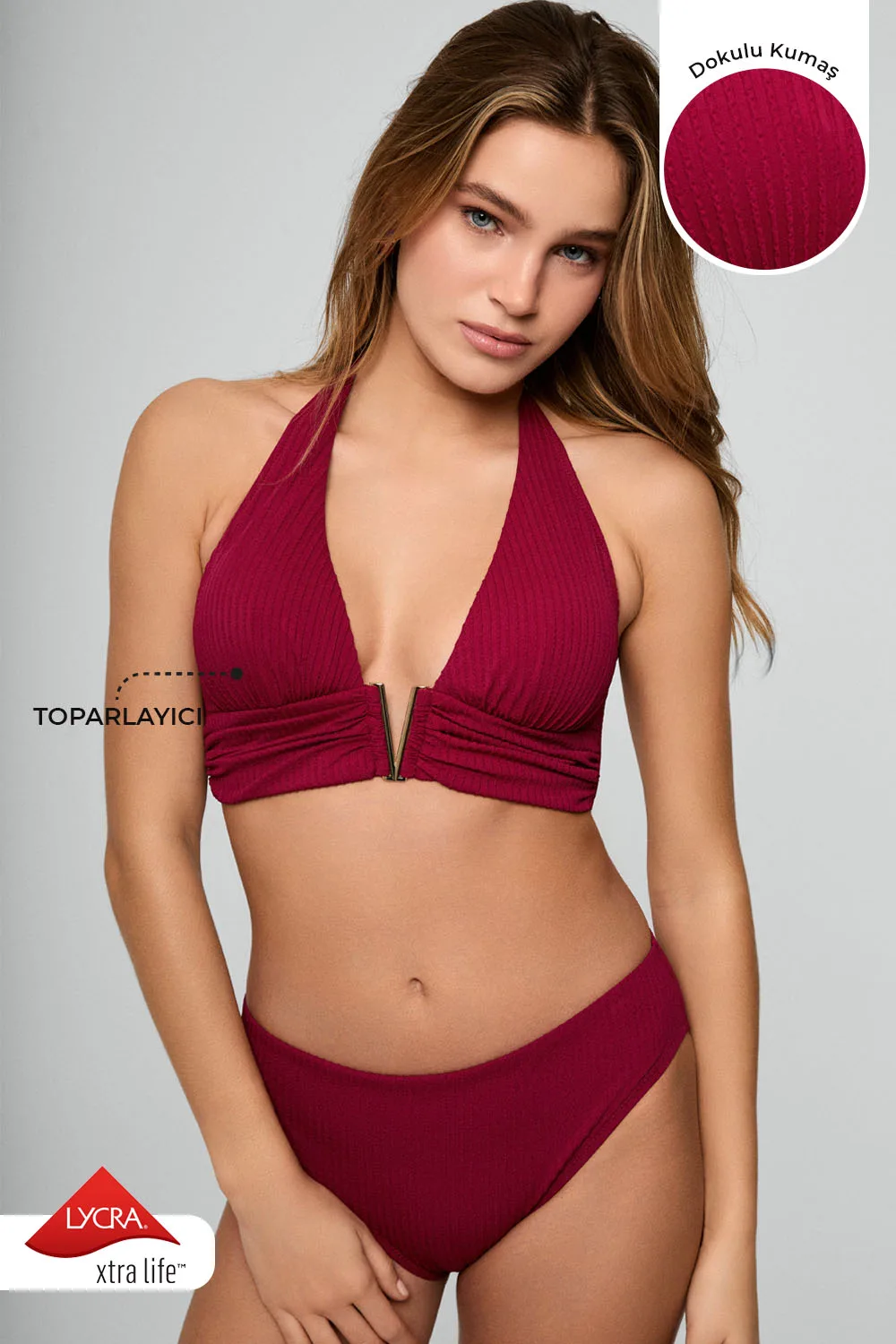 KOM India Dokulu Kumaş Üçgen Bikini Berry