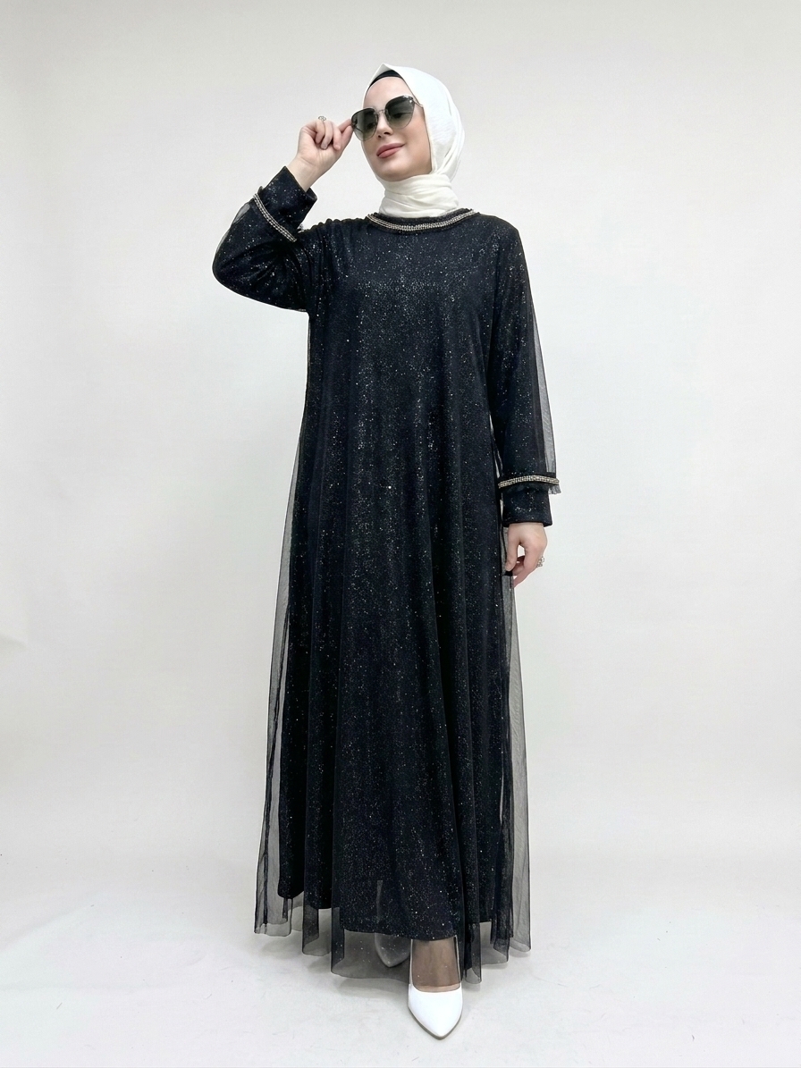 Fatma Danışman Simli Kumaş Abiye Siyah