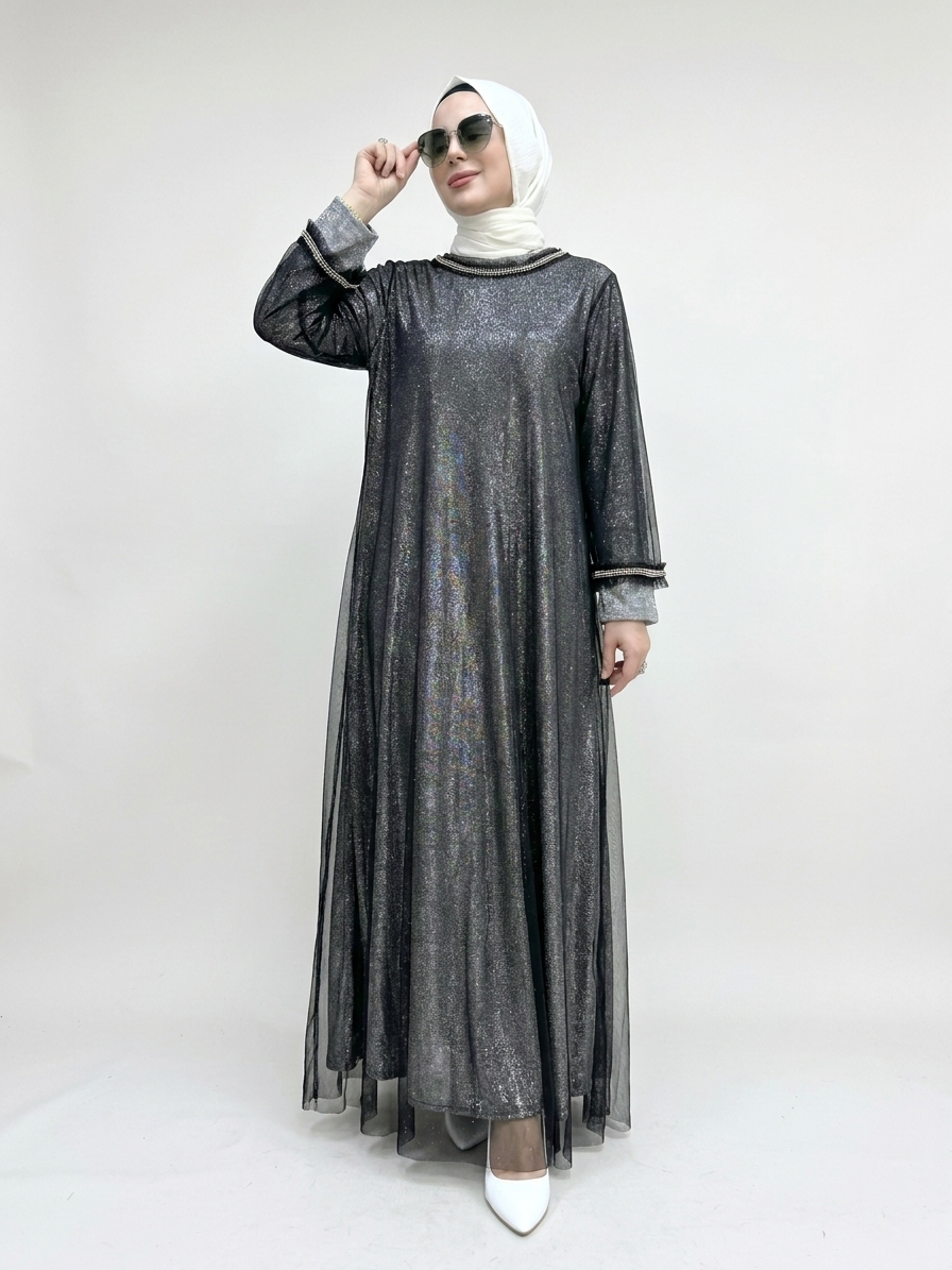 Fatma Danışman Simli Kumaş Abiye Gri