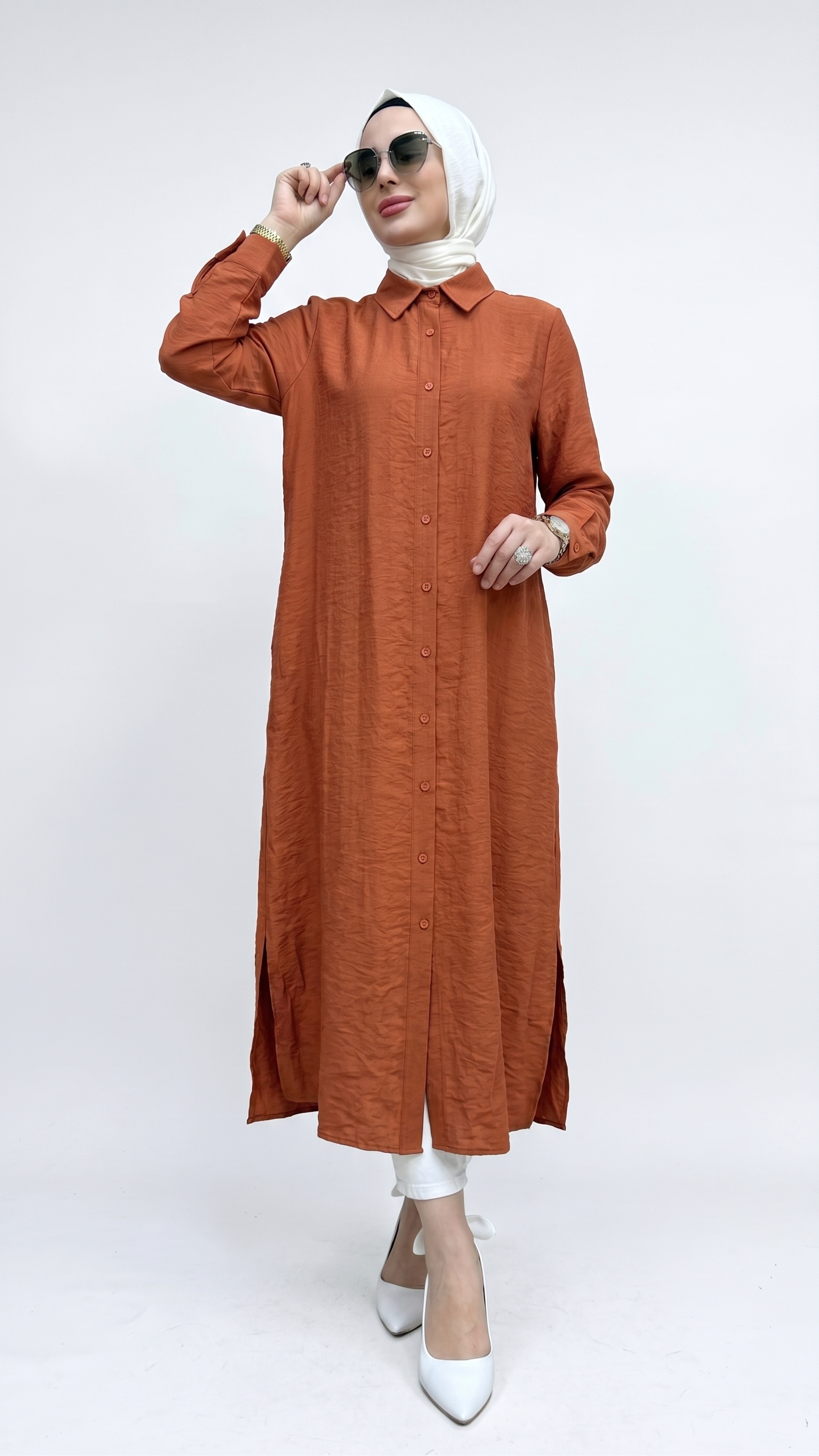 MİSS KNIT Çiçekli Gömlek Elb Kiremit