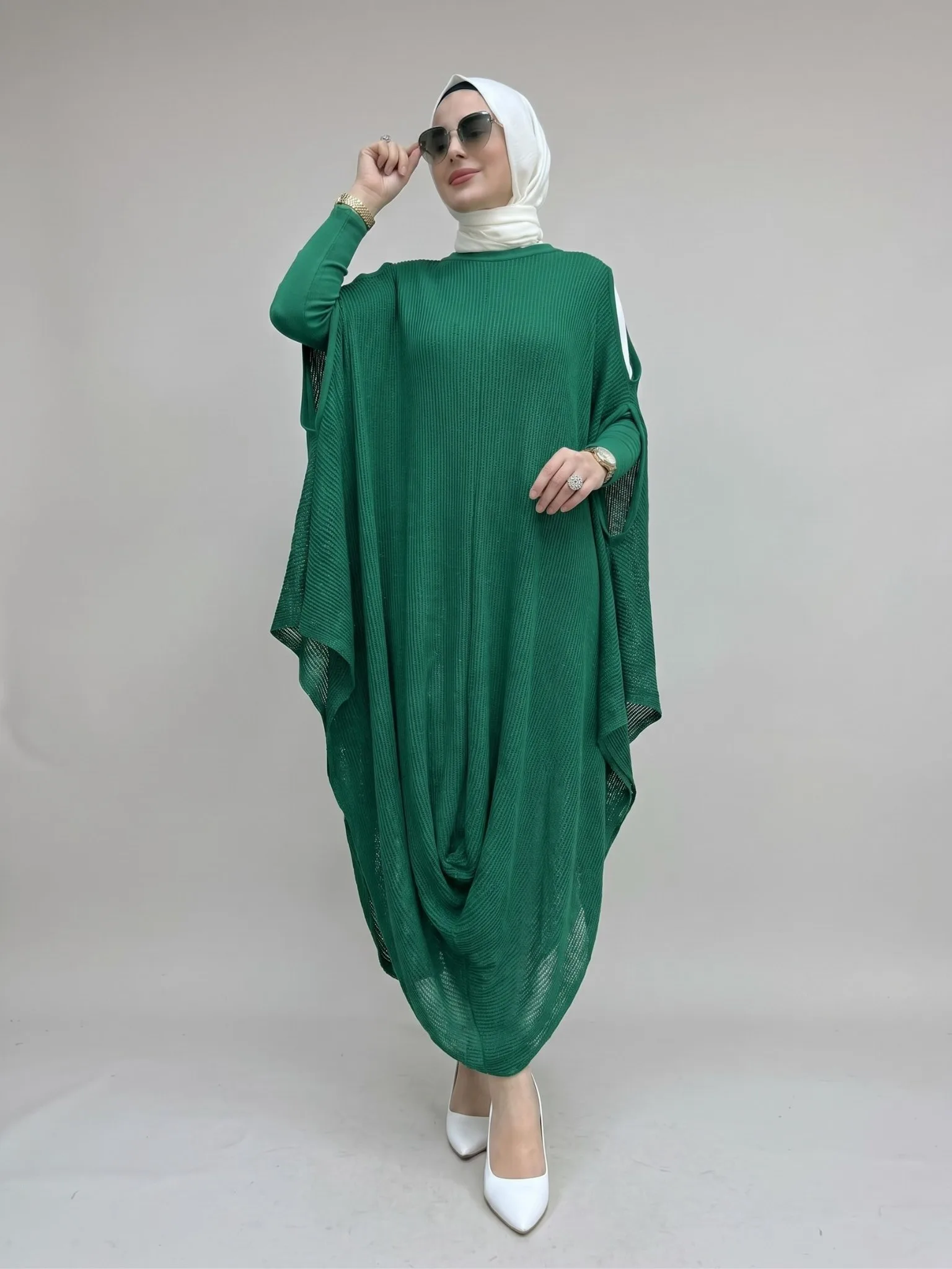 PELERİNLİ PANÇO ELBİSE Emerald Yeşil