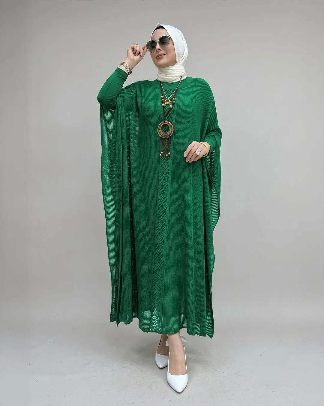 ETNİK DESENLİ PANÇO ELBİSE Emerald Yeşil