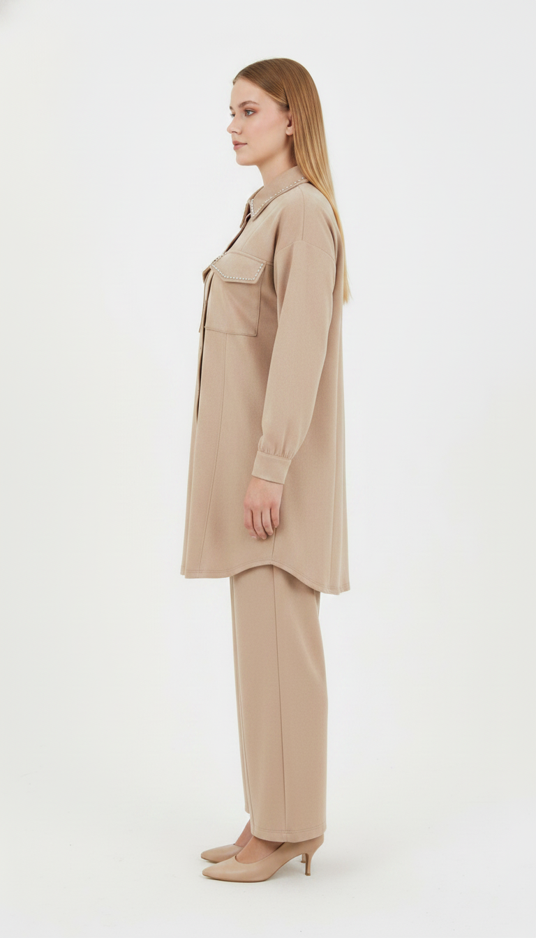 İPEK JAKAR SATEN PANTOLON CEKET TAKIM Gold Beji 3