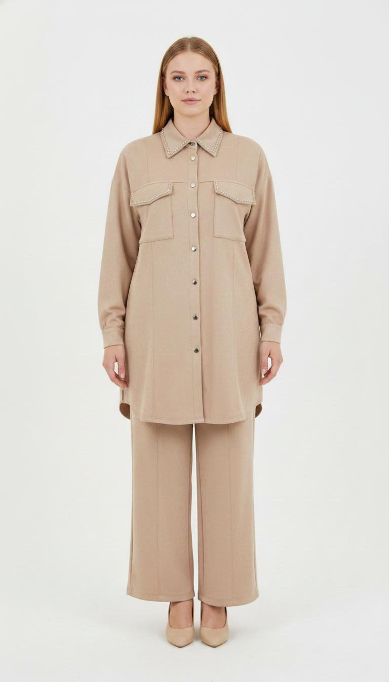 İPEK JAKAR SATEN PANTOLON CEKET TAKIM Gold Beji 4