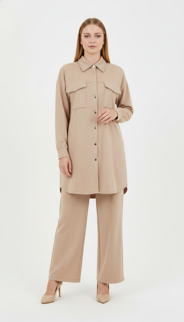 İPEK JAKAR SATEN PANTOLON CEKET TAKIM Gold Beji 5